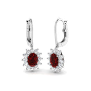 Ruby Halo Cluster Drop Earrings with Lever Back Closure in 10K/14K gold and platinum with certified lab-grown or natural diamonds