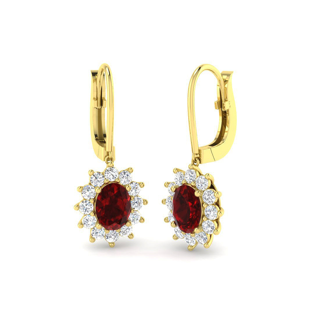 Ruby Halo Cluster Drop Earrings with Lever Back Closure in 10K/14K gold and platinum with certified lab-grown or natural diamonds