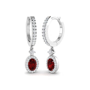 Oval Cut Ruby Diamond Drop Earrings with Pave Diamonds in 10K/14K gold and platinum with certified lab-grown or natural diamonds