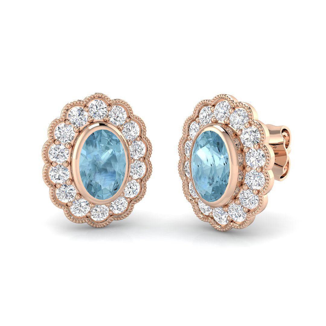 Aquamarine Gemstone Halo Stud Earrings with Diamonds - Luxury Jewelry in 10K/14K gold and platinum with certified lab-grown or natural diamonds