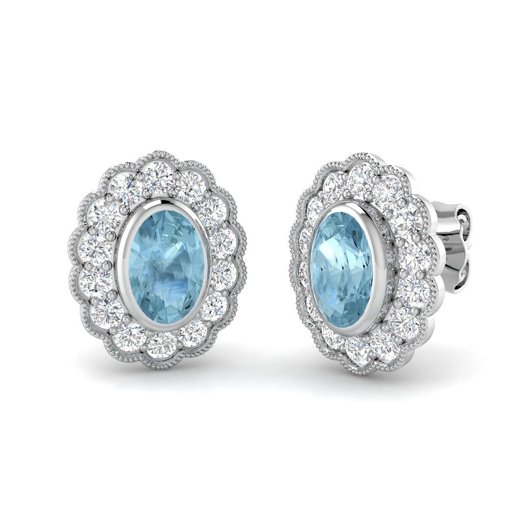 Aquamarine Gemstone Halo Stud Earrings with Diamonds - Luxury Jewelry in 10K/14K gold and platinum with certified lab-grown or natural diamonds