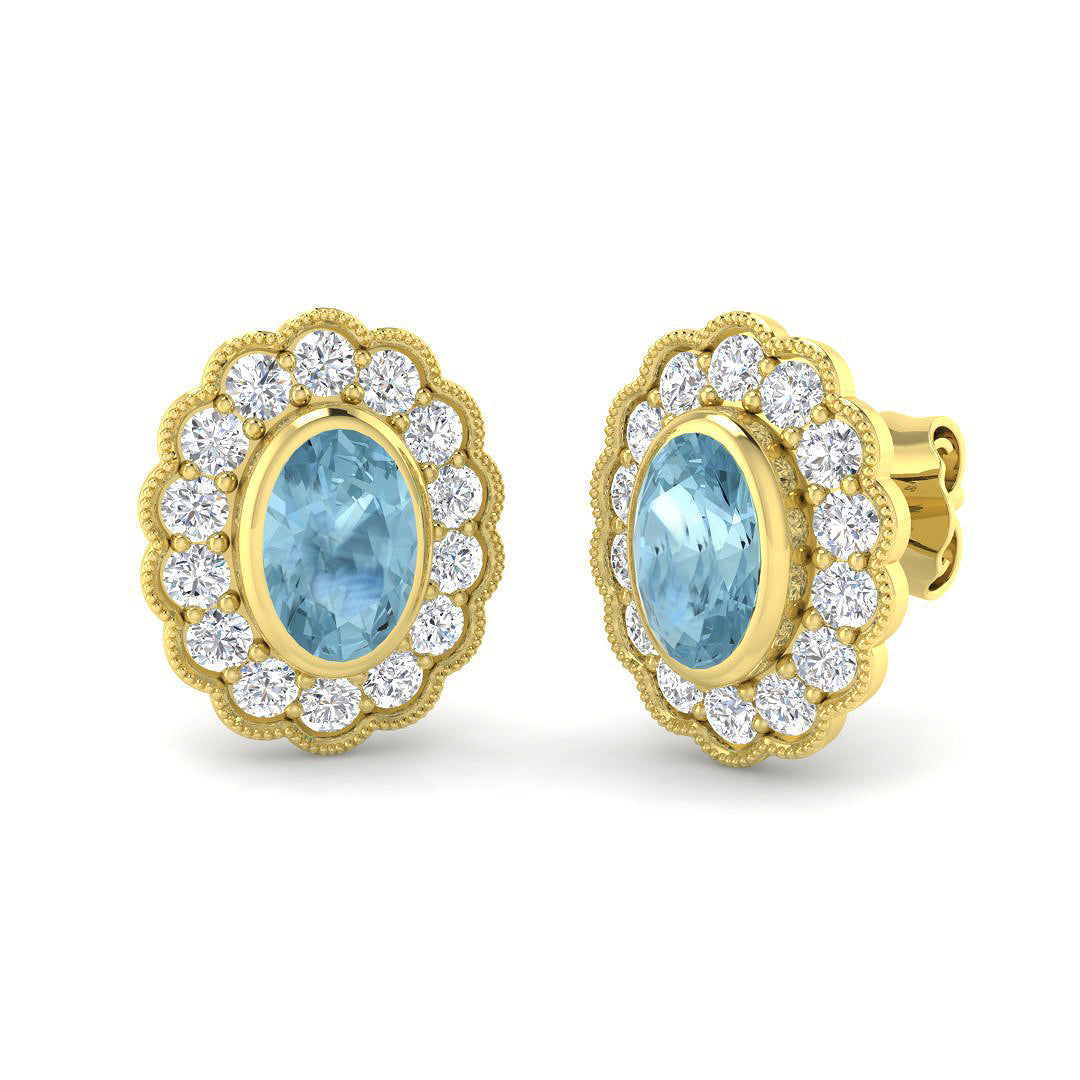 Aquamarine Gemstone Halo Stud Earrings with Diamonds - Luxury Jewelry in 10K/14K gold and platinum with certified lab-grown or natural diamonds