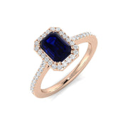 Emerald Cut Blue Sapphire Halo Ring with Round Pave Diamonds in 10K/14K gold and platinum with certified lab-grown or natural diamonds