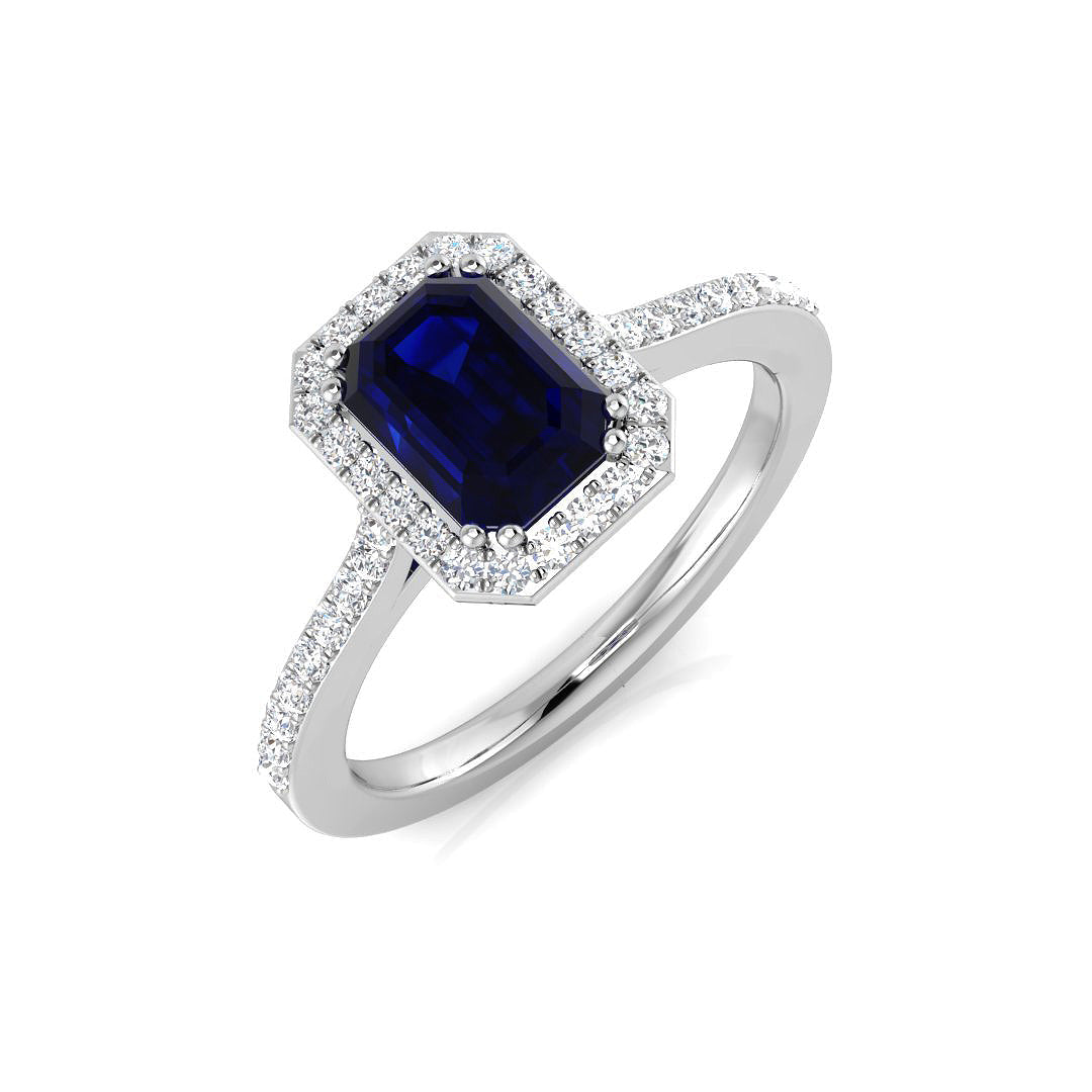 Emerald Cut Blue Sapphire Halo Ring with Round Pave Diamonds in 10K/14K gold and platinum with certified lab-grown or natural diamonds