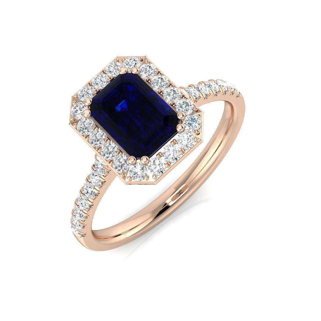 Emerald Cut Blue Sapphire Halo Ring with Round Natural Pave Band in 10K/14K gold and platinum with certified lab-grown or natural diamonds