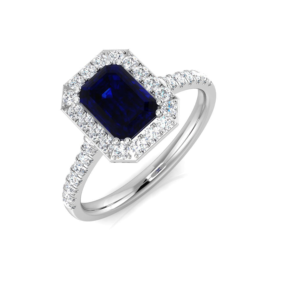 Emerald Cut Blue Sapphire Halo Ring with Round Natural Pave Band in 10K/14K gold and platinum with certified lab-grown or natural diamonds