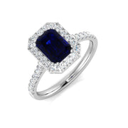 Emerald Cut Blue Sapphire Halo Ring with Round Natural Pave Band in 10K/14K gold and platinum with certified lab-grown or natural diamonds