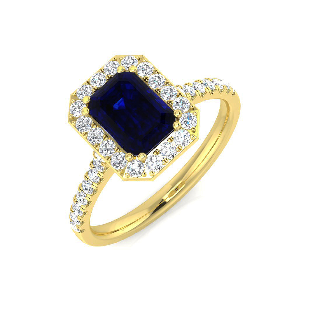 Emerald Cut Blue Sapphire Halo Ring with Round Natural Pave Band in 10K/14K gold and platinum with certified lab-grown or natural diamonds