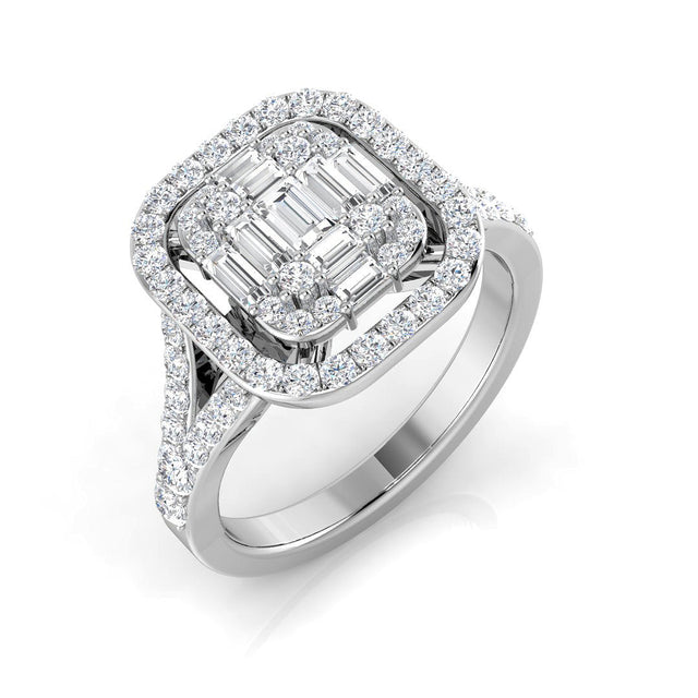 1.00 Ct Baguette & Round Diamond Double Halo Style Engagement Ring | 10K & 14K Gold, Platinum