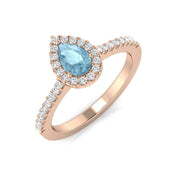 Pear Cut Aquamarine Halo Ring with Diamond Pave Band in 10K/14K gold and platinum with certified lab-grown or natural diamonds