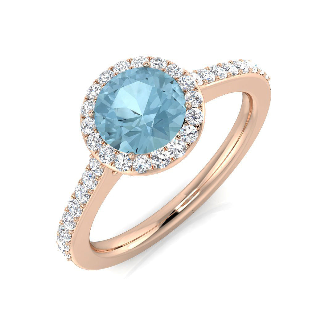 Round Cut Aquamarine Halo Ring with Pave Diamond Band - Fine Jewellery in 10K/14K gold and platinum with certified lab-grown or natural diamonds