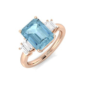 Emerald Cut Aquamarine Ring with Side Baguette Diamonds - UK Made in 10K/14K gold and platinum with certified lab-grown or natural diamonds
