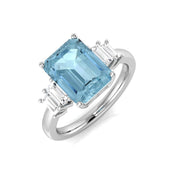 Emerald Cut Aquamarine Ring with Side Baguette Diamonds - UK Made in 10K/14K gold and platinum with certified lab-grown or natural diamonds