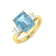 Emerald Cut Aquamarine Ring with Side Baguette Diamonds - UK Made in 10K/14K gold and platinum with certified lab-grown or natural diamonds