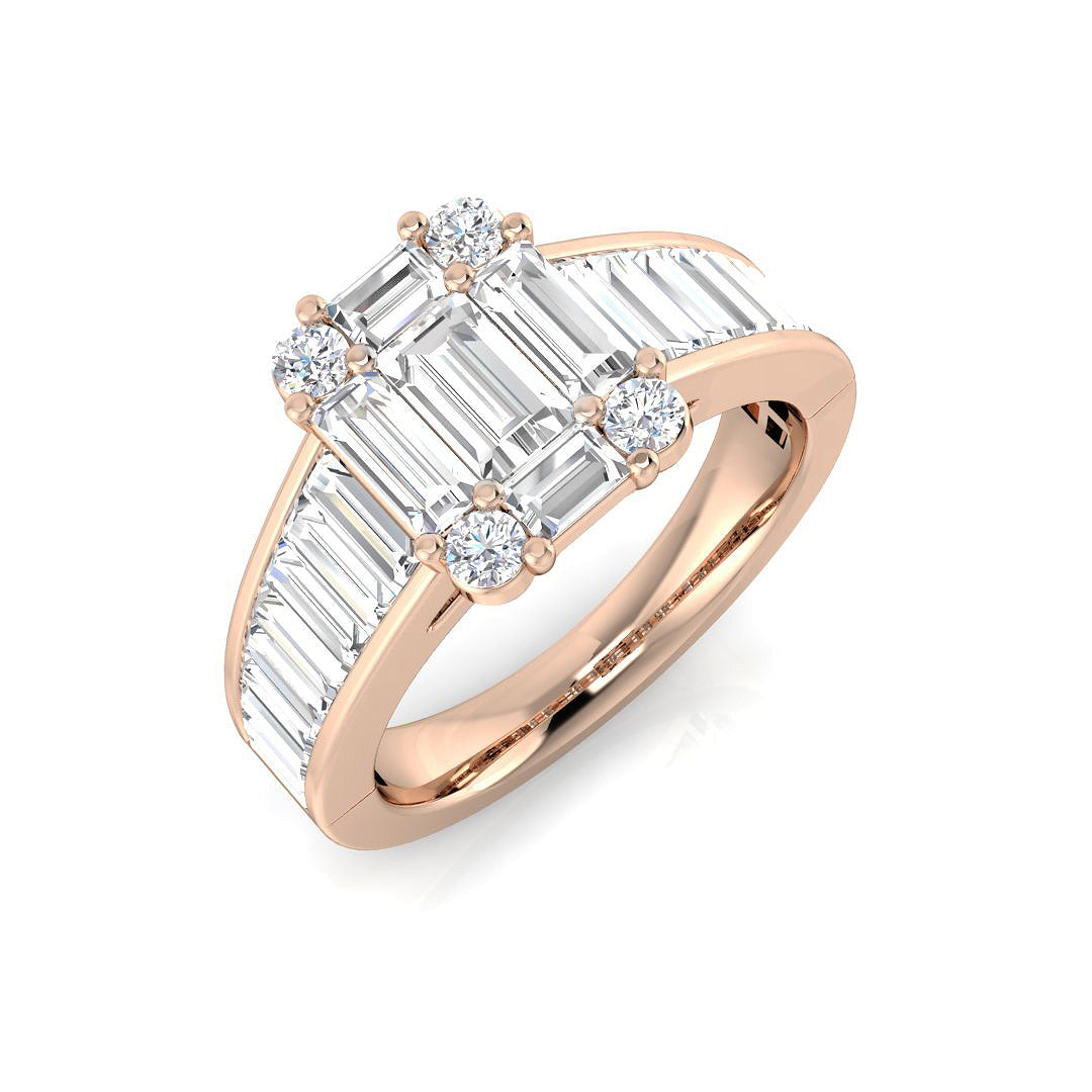 Baguette & Round Diamond Cluster Engagement Ring in 10K/14K gold and platinum with certified lab-grown or natural diamonds