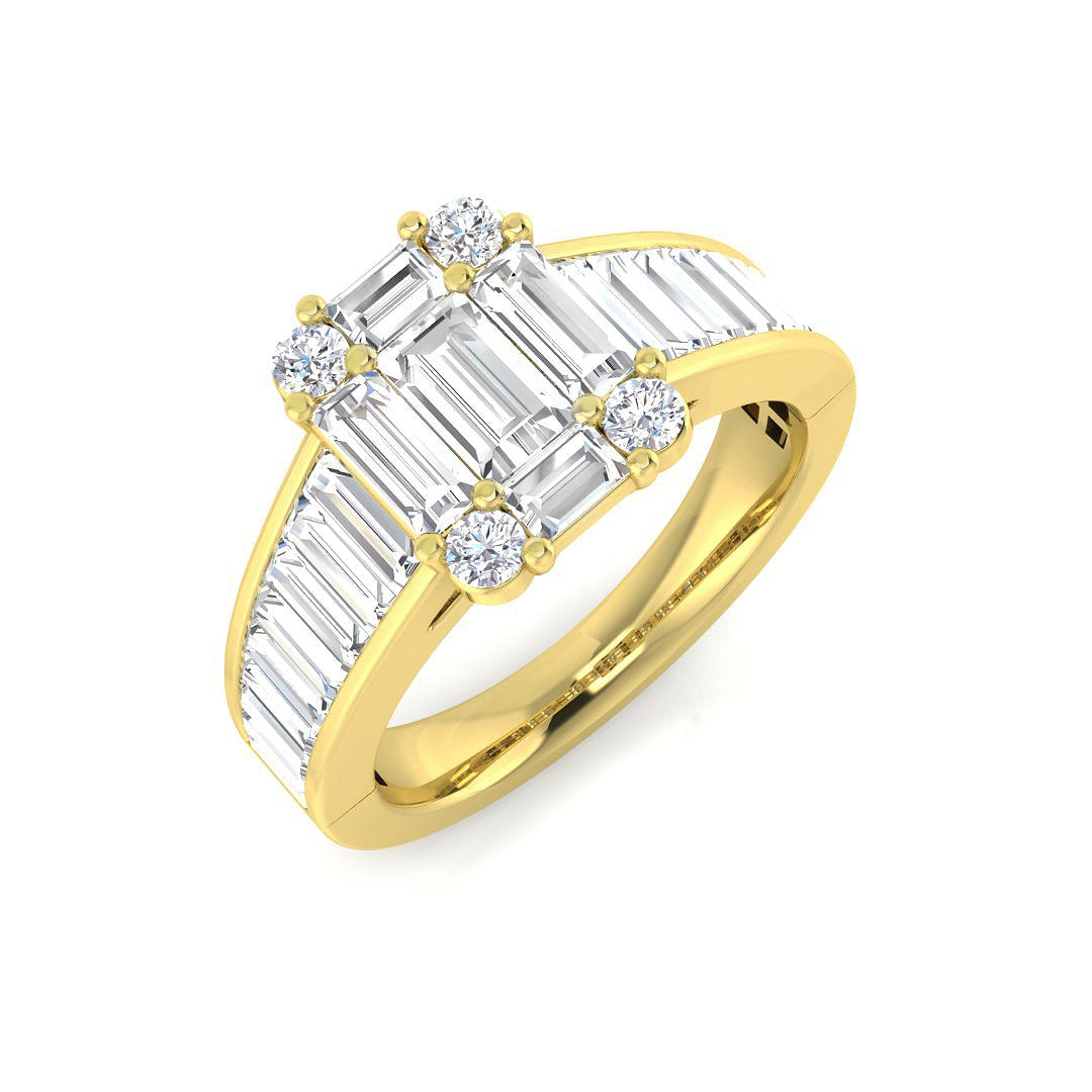 Baguette & Round Diamond Cluster Engagement Ring in 10K/14K gold and platinum with certified lab-grown or natural diamonds