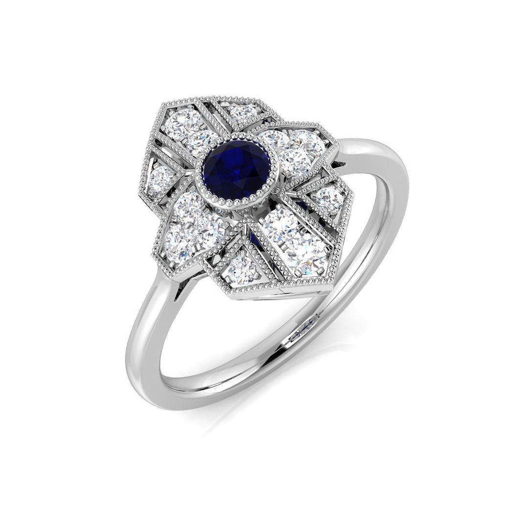 Vintage Blue Sapphire Ring with Round Milgrain Shank Pave Diamond in 10K/14K gold and platinum with certified lab-grown or natural diamonds