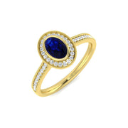 Blue Sapphire Halo Ring with Diamond Pave Set Milgrain Band in 10K/14K gold and platinum with certified lab-grown or natural diamonds