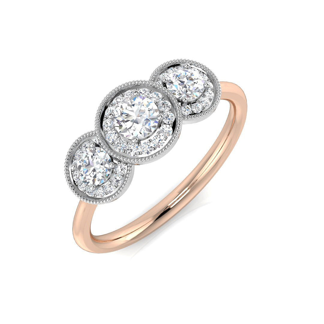 Three Stone Halo Diamond Ring Milgrain detail Engagement Ring in 10K/14K gold and platinum with certified lab-grown or natural diamonds