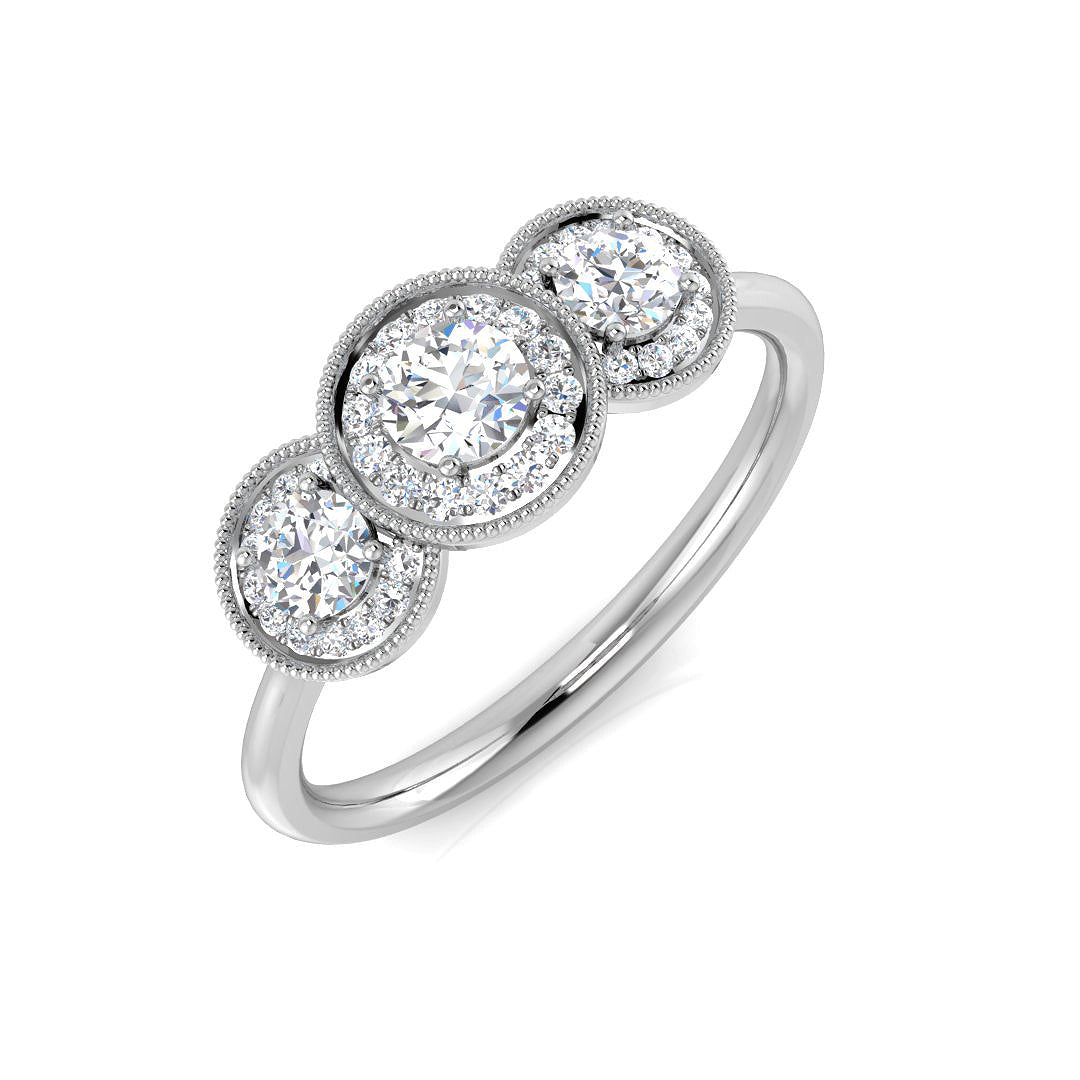 Three Stone Halo Diamond Ring Milgrain detail Engagement Ring in 10K/14K gold and platinum with certified lab-grown or natural diamonds