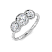 Three Stone Halo Diamond Ring Milgrain detail Engagement Ring in 10K/14K gold and platinum with certified lab-grown or natural diamonds