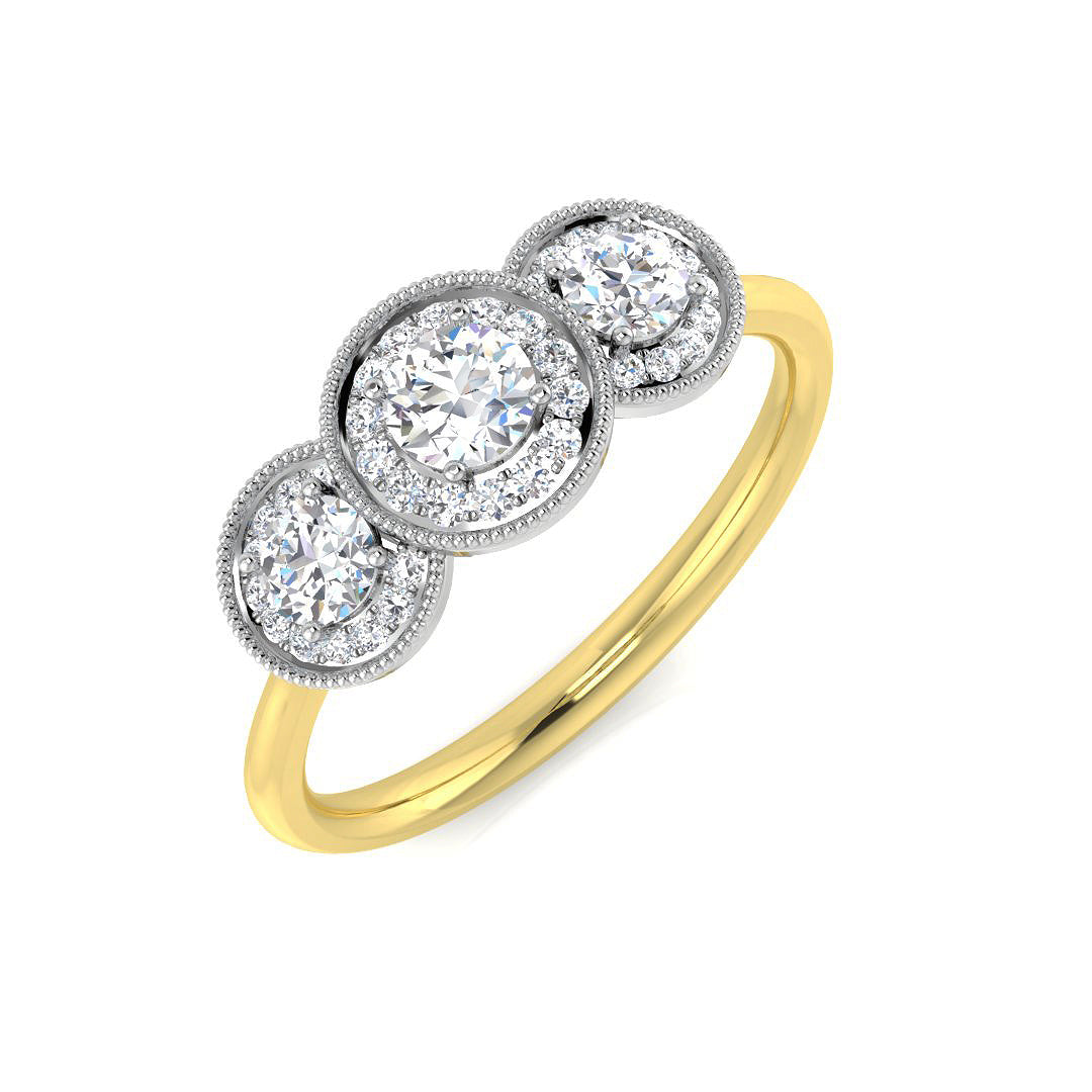 Three Stone Halo Diamond Ring Milgrain detail Engagement Ring in 10K/14K gold and platinum with certified lab-grown or natural diamonds
