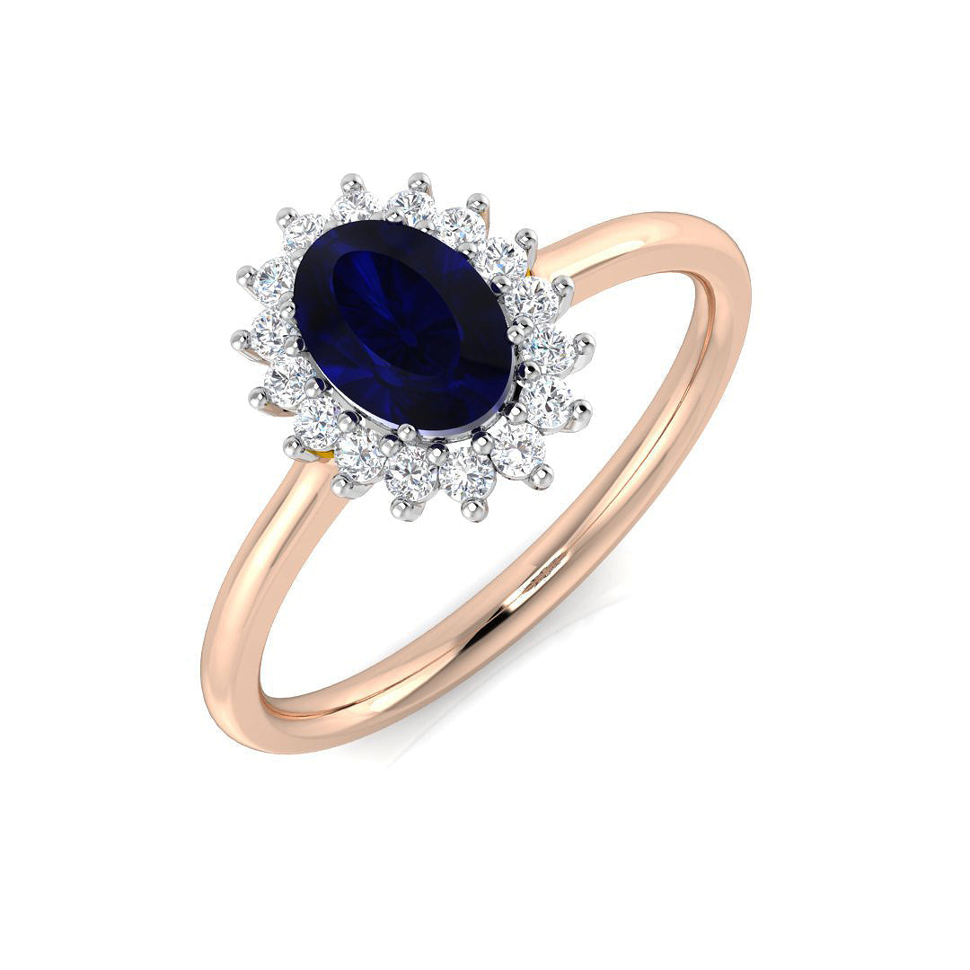 Oval Blue Sapphire Halo Engagement Ring with Natural Round Cut Diamond in 10K/14K gold and platinum with certified lab-grown or natural diamonds