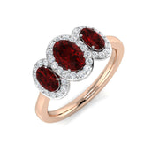 Ruby Halo Trio Ring with Oval Cut Side Diamonds - UK Hallmarked in 10K/14K gold and platinum with certified lab-grown or natural diamonds