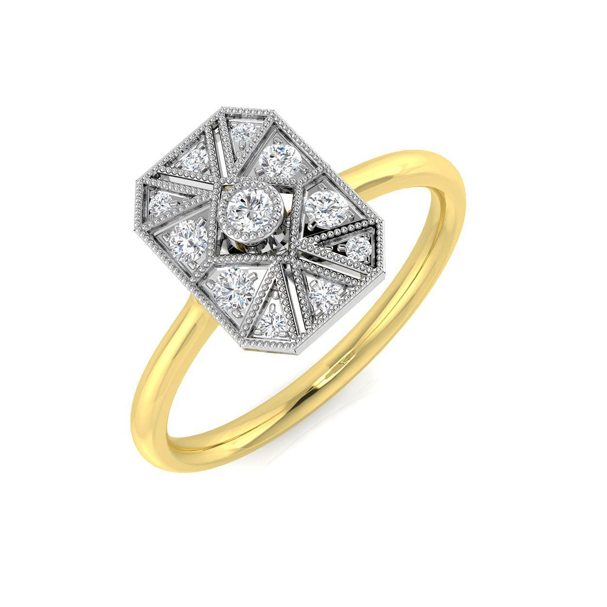 Art Deco Starburst Hexagon Diamond Ring 0.20ct in 10K/14K gold and platinum with certified lab-grown or natural diamonds