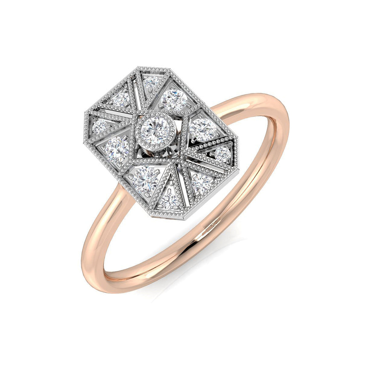 Art Deco Starburst Hexagon Diamond Ring 0.20ct in 10K/14K gold and platinum with certified lab-grown or natural diamonds