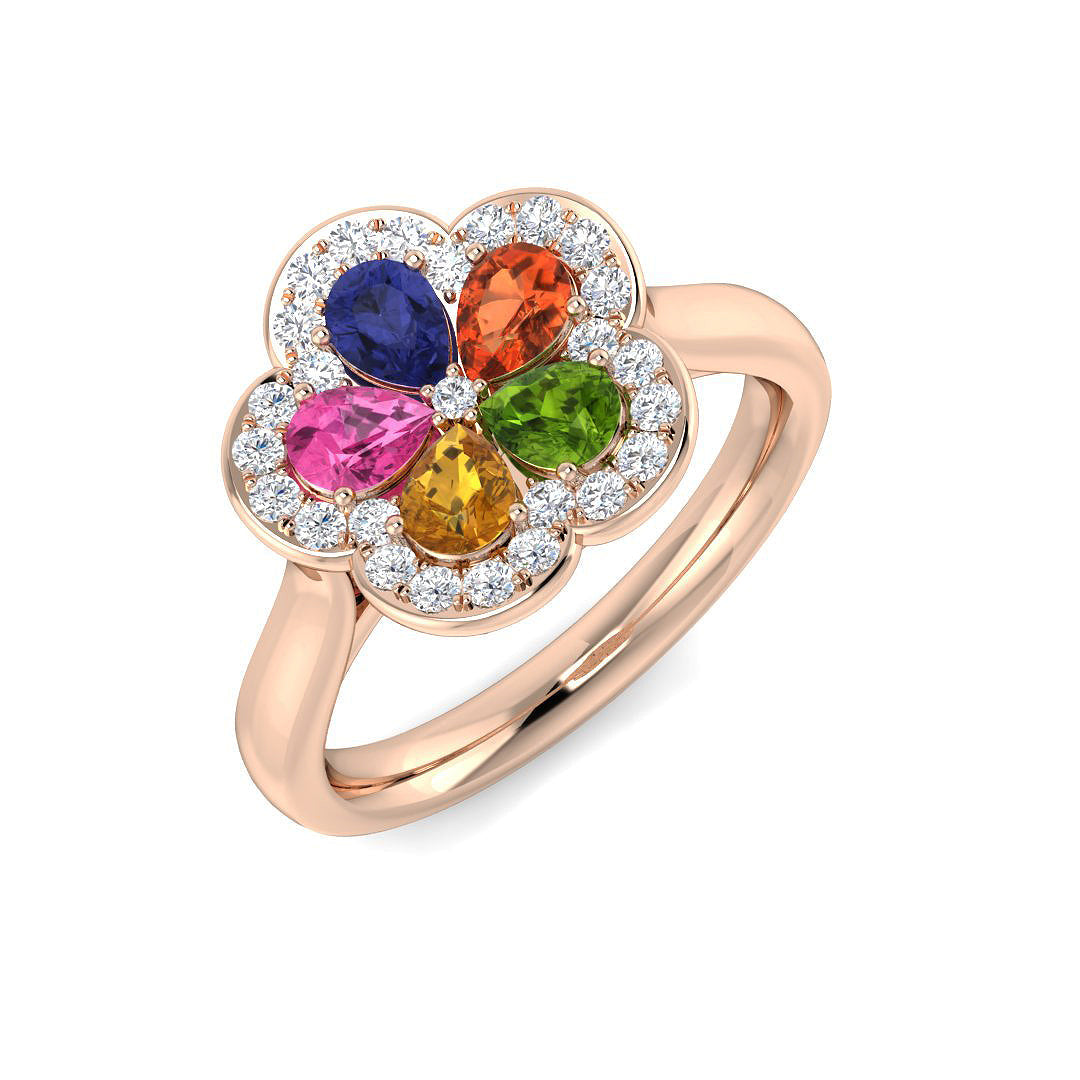 Multi Sapphire Diamond Floral Ring 1.25ct in 10K/14K gold and platinum with certified lab-grown or natural diamonds