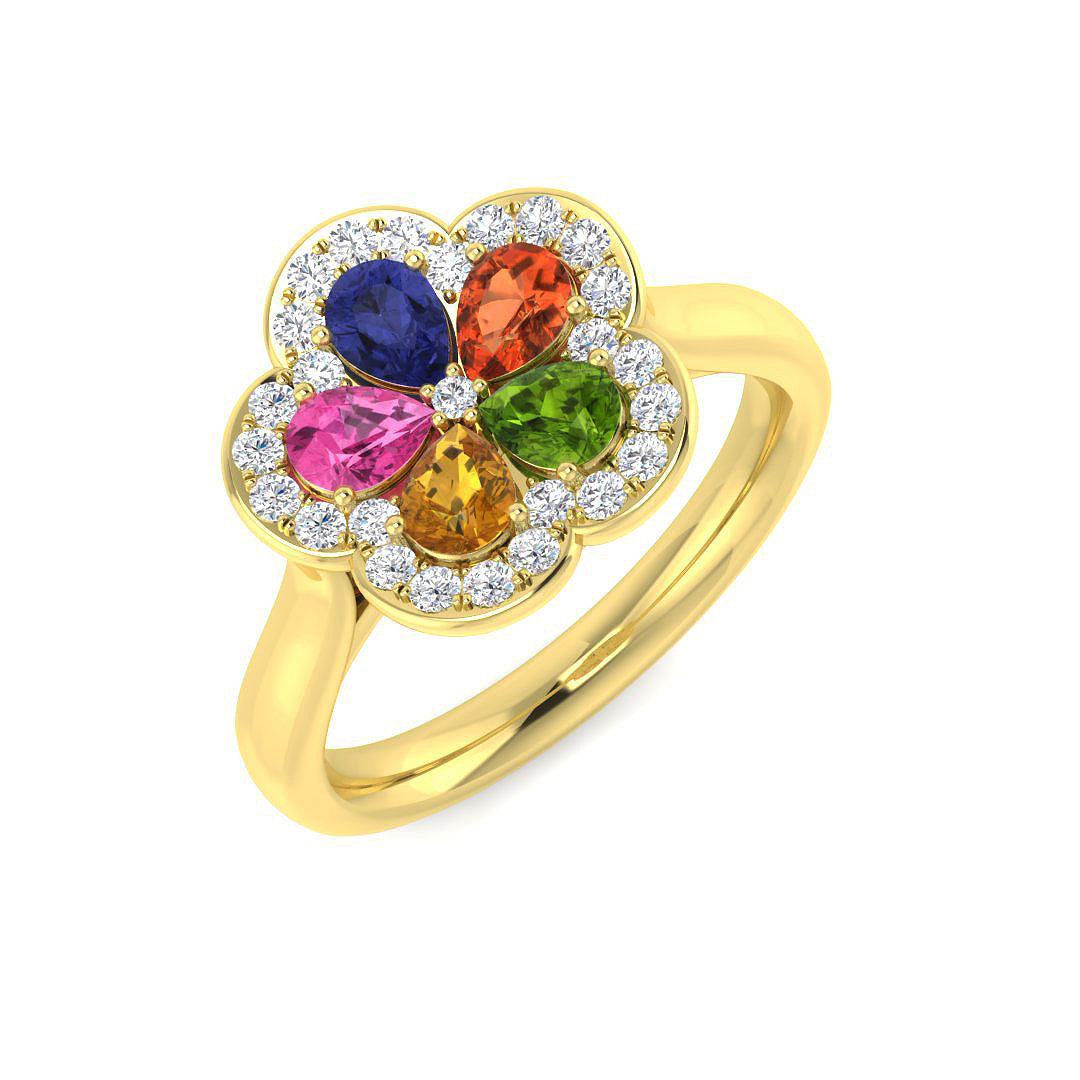 Multi Sapphire Diamond Floral Ring 1.25ct in 10K/14K gold and platinum with certified lab-grown or natural diamonds