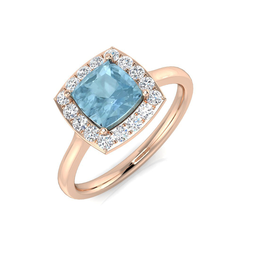 Aquamarine Halo Ring with Pave Diamonds in Gold & in 10K/14K gold and platinum with certified lab-grown or natural diamonds