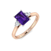 Emerald Cut Amethyst Ring with Diamond Side Stones in 10K/14K gold and platinum with certified lab-grown or natural diamonds