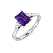 Emerald Cut Amethyst Ring with Diamond Side Stones in 10K/14K gold and platinum with certified lab-grown or natural diamonds