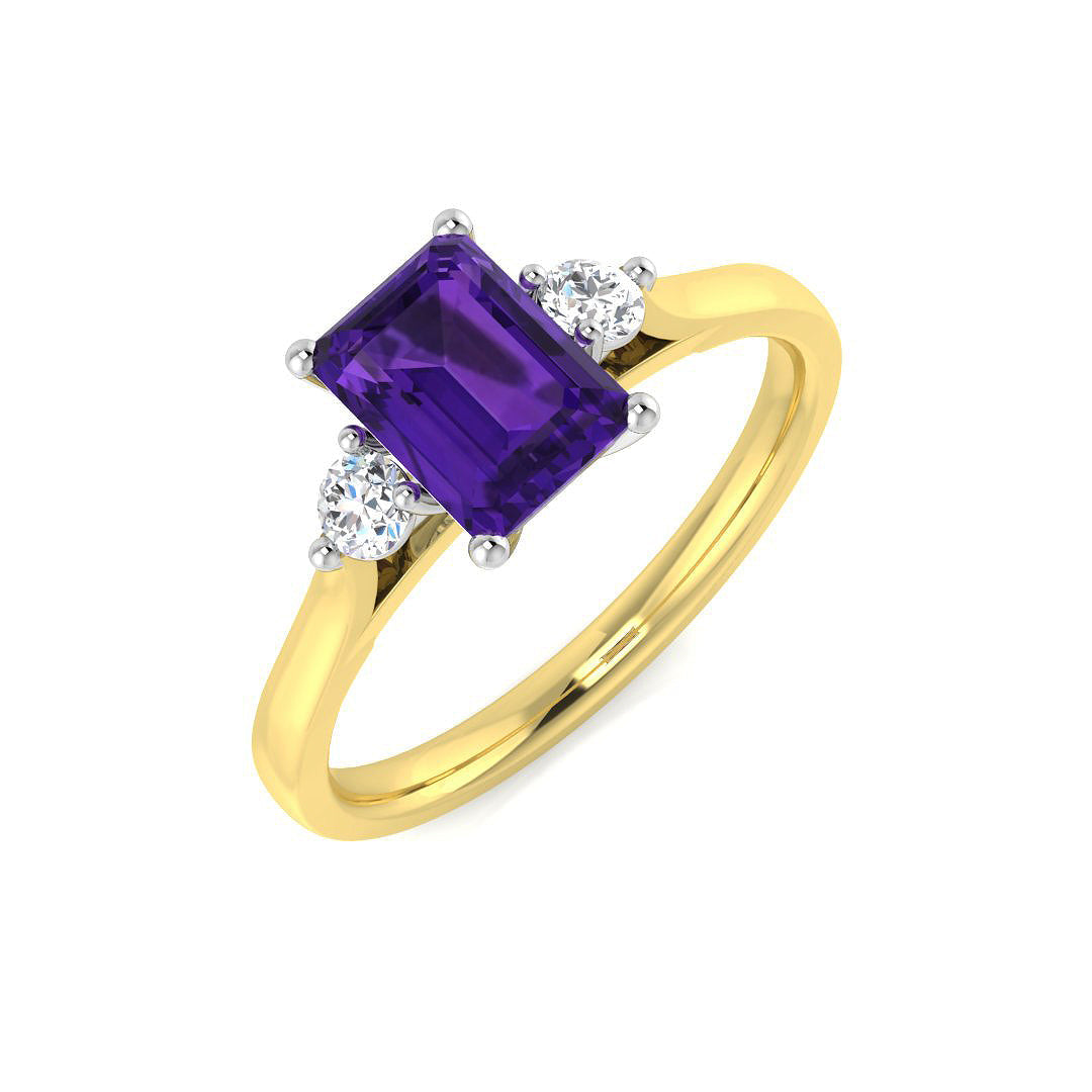 Emerald Cut Amethyst Ring with Diamond Side Stones in 10K/14K gold and platinum with certified lab-grown or natural diamonds