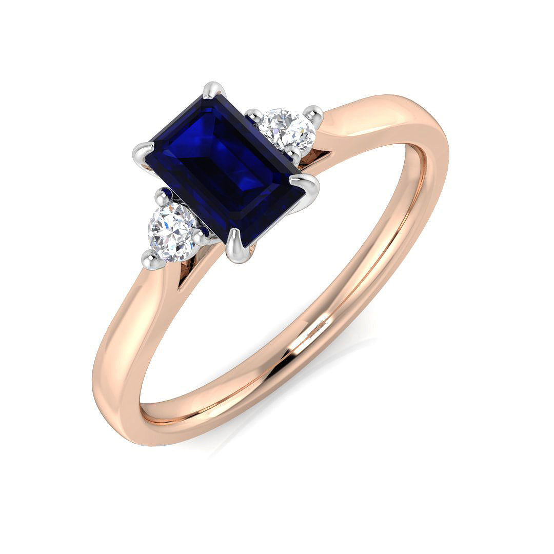 Emerald Cut Blue Sapphire Ring with Diamond Side Stones Trilogy Design in 10K/14K gold and platinum with certified lab-grown or natural diamonds