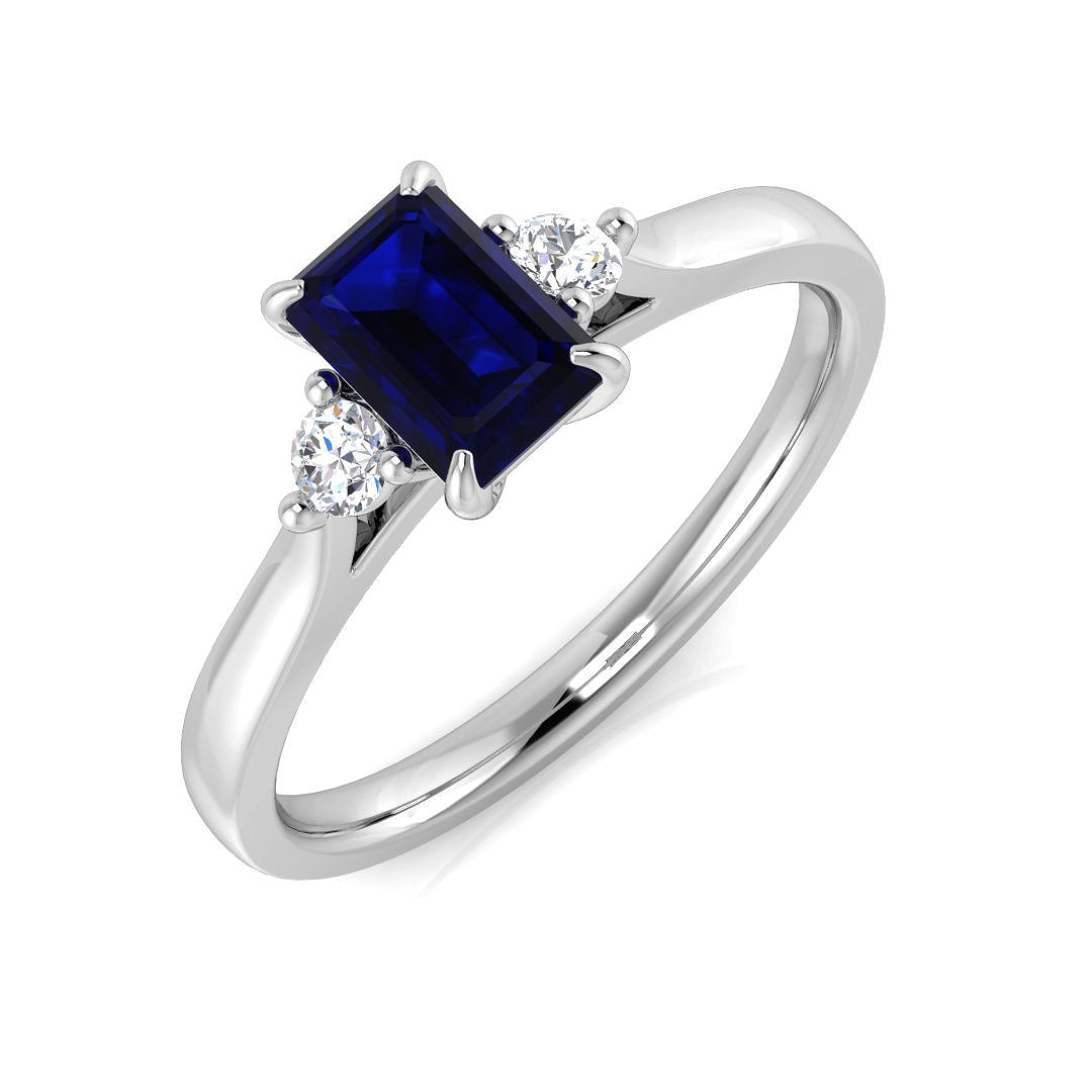 Emerald Cut Blue Sapphire Ring with Diamond Side Stones Trilogy Design in 10K/14K gold and platinum with certified lab-grown or natural diamonds