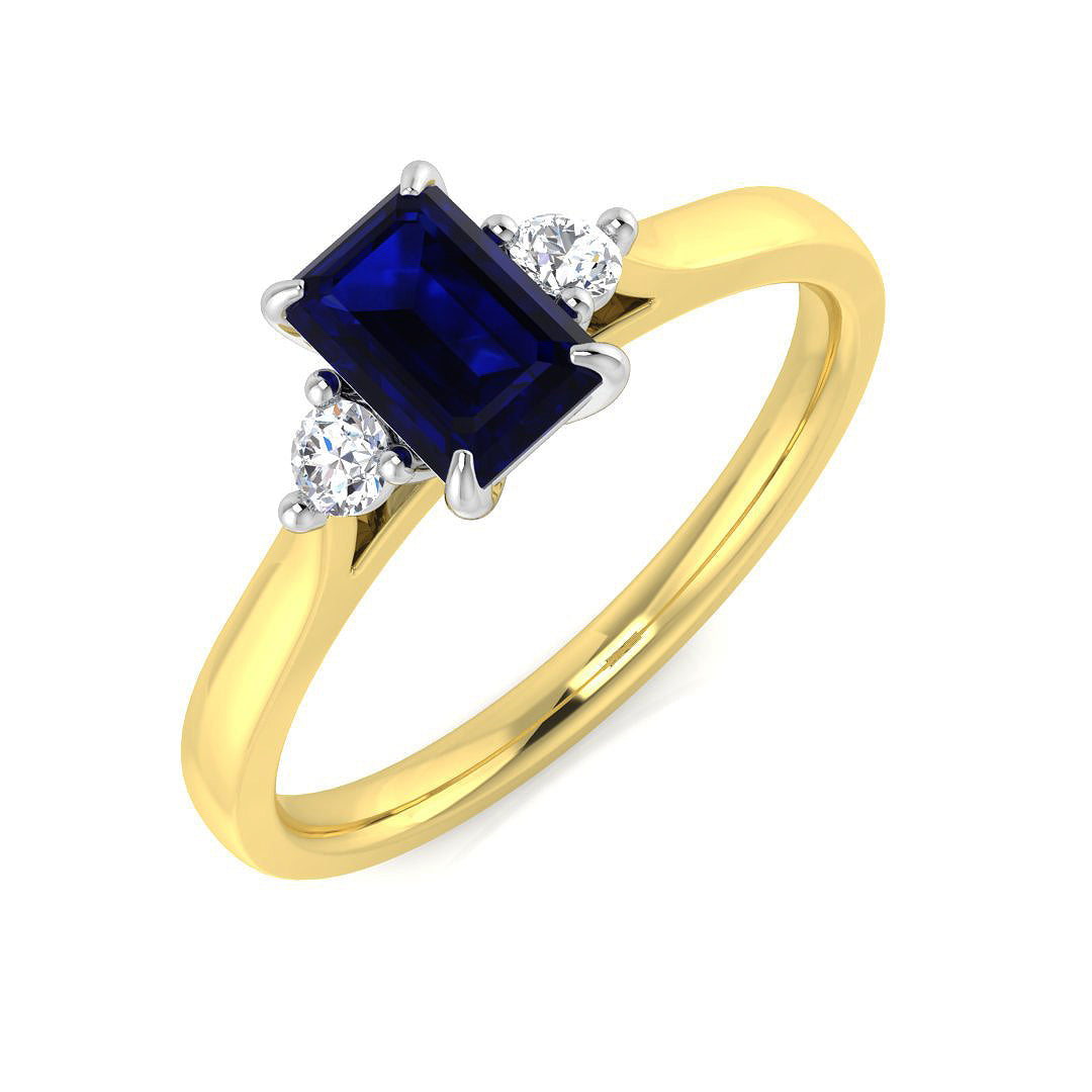 Emerald Cut Blue Sapphire Ring with Diamond Side Stones Trilogy Design in 10K/14K gold and platinum with certified lab-grown or natural diamonds