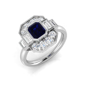 Emerald Cut Blue Sapphire Ring with Baguette Diamonds in 10K/14K gold and platinum with certified lab-grown or natural diamonds