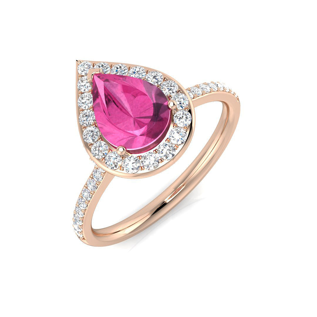 Pink Sapphire Halo Diamond Engagement Ring in 10K/14K gold and platinum with certified lab-grown or natural diamonds