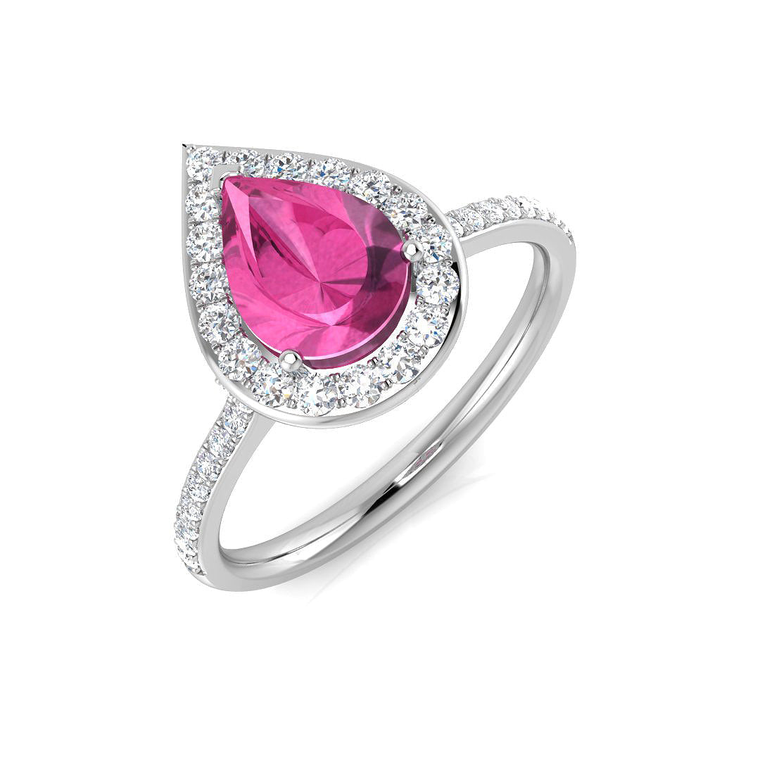 Pink Sapphire Halo Diamond Engagement Ring in 10K/14K gold and platinum with certified lab-grown or natural diamonds