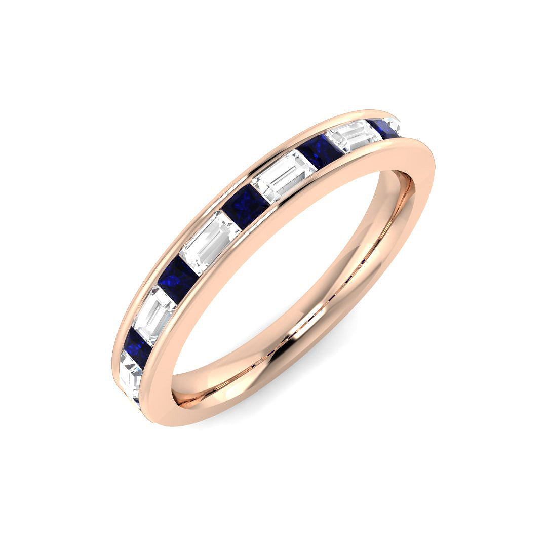 Baguette Cut Blue Sapphire Half Eternity Ring with Natural Diamond in 10K/14K gold and platinum with certified lab-grown or natural diamonds
