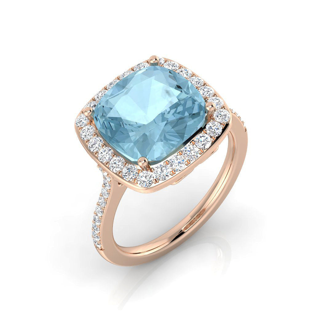 Cushion Cut Aquamarine Ring Halo Engagement Ring - Fine Jewellery in 10K/14K gold and platinum with certified lab-grown or natural diamonds