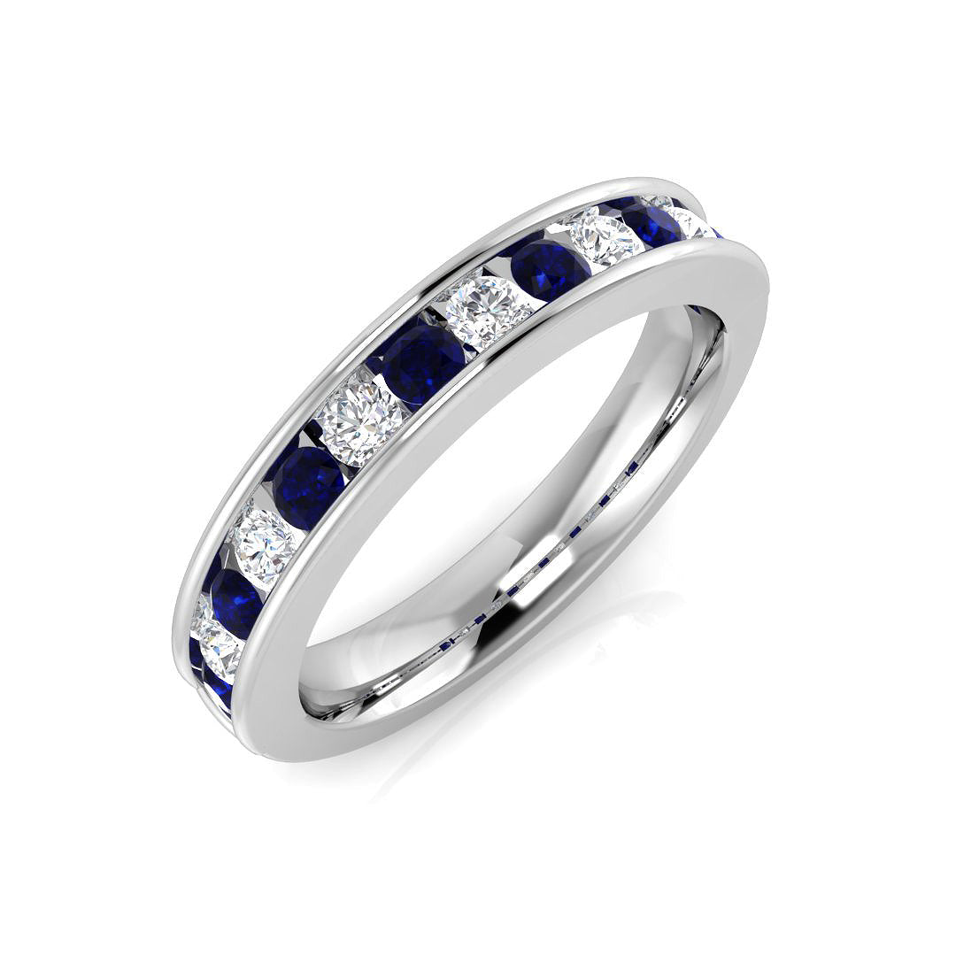 Blue Sapphire Diamond Half Eternity Ring wit Natural Round Diamond in 10K/14K gold and platinum with certified lab-grown or natural diamonds