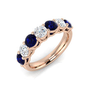 Blue Sapphire 7 Stone Ring with Round Natural Diamonds in 10K/14K gold and platinum with certified lab-grown or natural diamonds