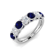 Blue Sapphire 7 Stone Ring with Round Natural Diamonds in 10K/14K gold and platinum with certified lab-grown or natural diamonds