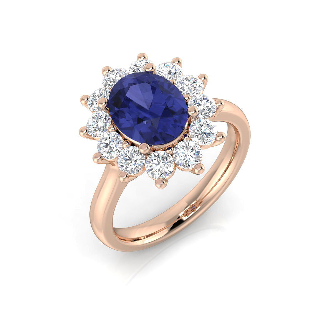 Oval Blue Sapphire Halo Engagement Ring in 10K/14K gold and platinum with certified lab-grown or natural diamonds