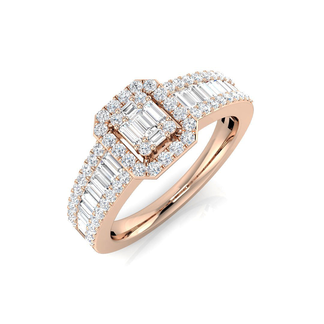 Baguette & Round Diamond Halo Style Multi-Stone Engagement Ring in 10K/14K gold and platinum with certified lab-grown or natural diamonds