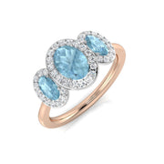 Oval Cut Aquamarine Halo Ring with Natural Diamond Three Stone Design in 10K/14K gold and platinum with certified lab-grown or natural diamonds